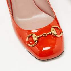 Pre Owned Gucci Orange Patent Leather Horsebit Pumps Size 38