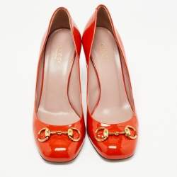 Pre Owned Gucci Orange Patent Leather Horsebit Pumps Size 38