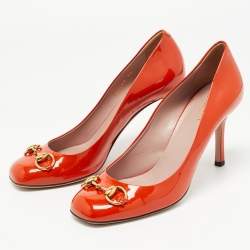 Pre Owned Gucci Orange Patent Leather Horsebit Pumps Size 38