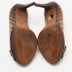 مملوكة مسبقًا Gucci Brown Leather New Hollywood Studded Horsebit Peep Toe Pumps Size 37.5