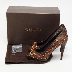 مملوكة مسبقًا Gucci Brown Leather New Hollywood Studded Horsebit Peep Toe Pumps Size 37.5