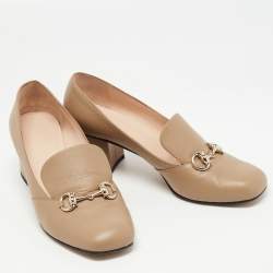 مملوكة مسبقًا Gucci Beige Leather Horsebit Block Heel Loafer Pumps Size 40