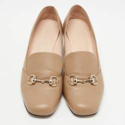 مملوكة مسبقًا Gucci Beige Leather Horsebit Block Heel Loafer Pumps Size 40