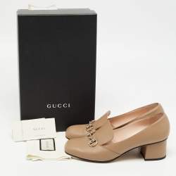 مملوكة مسبقًا Gucci Beige Leather Horsebit Block Heel Loafer Pumps Size 40