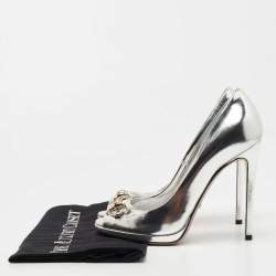 Pre Owned Gucci Silver Leather Horsebit Peep Toe Pumps Size 37