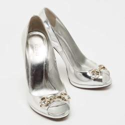 Pre Owned Gucci Silver Leather Horsebit Peep Toe Pumps Size 37