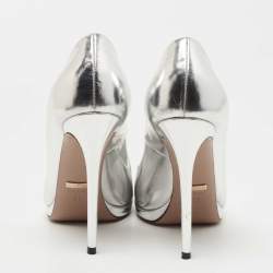 Pre Owned Gucci Silver Leather Horsebit Peep Toe Pumps Size 37
