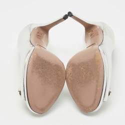 Pre Owned Gucci Silver Leather Horsebit Peep Toe Pumps Size 37