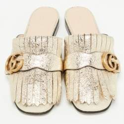 Gucci Metallic Gold Foil Leather Double G Fringe Flat Mules Size 36