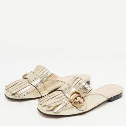 Gucci Metallic Gold Foil Leather Double G Fringe Flat Mules Size 36