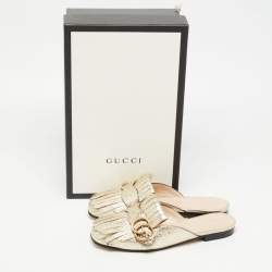 Gucci Metallic Gold Foil Leather Double G Fringe Flat Mules Size 36