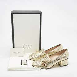 Pre Owned Gucci Gold Laminated Leather Double G Fringe Pumps Size 36.5