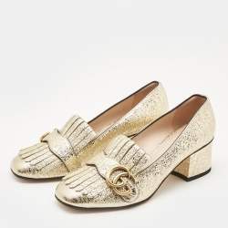 Pre Owned Gucci Gold Laminated Leather Double G Fringe Pumps Size 36.5