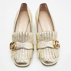 Pre Owned Gucci Gold Laminated Leather Double G Fringe Pumps Size 36.5