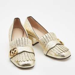 Pre Owned Gucci Gold Laminated Leather Double G Fringe Pumps Size 36.5