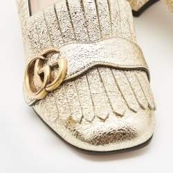 Pre Owned Gucci Gold Laminated Leather Double G Fringe Pumps Size 36.5