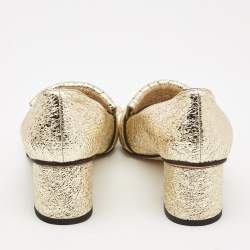 Pre Owned Gucci Gold Laminated Leather Double G Fringe Pumps Size 36.5