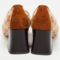 Pre Owned Gucci Beige/Brown GG Canvas and Suede Square Toe Block Heel Pumps Size 38.5