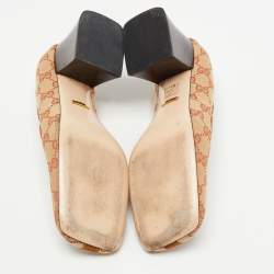 Pre Owned Gucci Beige/Brown GG Canvas and Suede Square Toe Block Heel Pumps Size 38.5
