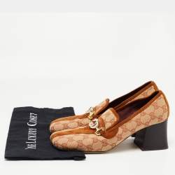 Pre Owned Gucci Beige/Brown GG Canvas and Suede Square Toe Block Heel Pumps Size 38.5