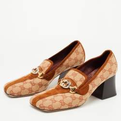 Pre Owned Gucci Beige/Brown GG Canvas and Suede Square Toe Block Heel Pumps Size 38.5