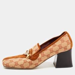Pre Owned Gucci Beige/Brown GG Canvas and Suede Square Toe Block Heel Pumps Size 38.5