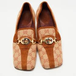 Pre Owned Gucci Beige/Brown GG Canvas and Suede Square Toe Block Heel Pumps Size 38.5