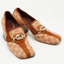 Pre Owned Gucci Beige/Brown GG Canvas and Suede Square Toe Block Heel Pumps Size 38.5