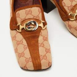 Pre Owned Gucci Beige/Brown GG Canvas and Suede Square Toe Block Heel Pumps Size 38.5