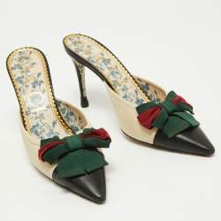Gucci Black Leather Sackville Web Bow Mule Sandals Size 41
