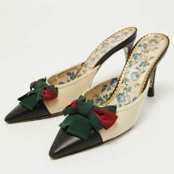 Gucci Black Leather Sackville Web Bow Mule Sandals Size 41