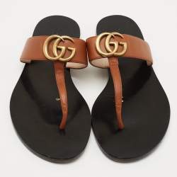 Pre Owned Gucci Brown Leather GG Marmont Thong Flats Size 37.5