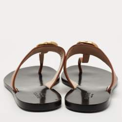 Pre Owned Gucci Brown Leather GG Marmont Thong Flats Size 37.5
