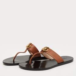 Pre Owned Gucci Brown Leather GG Marmont Thong Flats Size 37.5