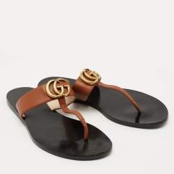 Pre Owned Gucci Brown Leather GG Marmont Thong Flats Size 37.5
