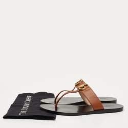 Pre Owned Gucci Brown Leather GG Marmont Thong Flats Size 37.5