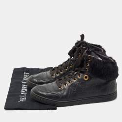 Pre Owned Gucci Black Guccissima Leather and Fur Trim Cada High Top Sneakers Size 40