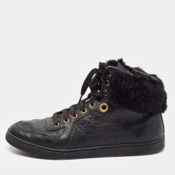 Pre Owned Gucci Black Guccissima Leather and Fur Trim Cada High Top Sneakers Size 40