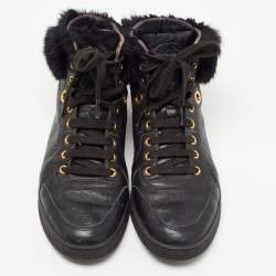 Pre Owned Gucci Black Guccissima Leather and Fur Trim Cada High Top Sneakers Size 40
