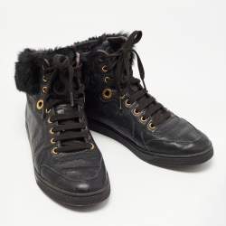 Pre Owned Gucci Black Guccissima Leather and Fur Trim Cada High Top Sneakers Size 40