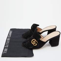 Gucci Black Suede Double G Block Heel Slide Sandals Size 38