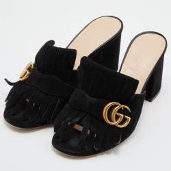 Gucci Black Suede Double G Block Heel Slide Sandals Size 38