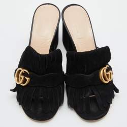 Gucci Black Suede Double G Block Heel Slide Sandals Size 38