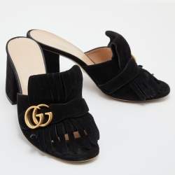 Gucci Black Suede Double G Block Heel Slide Sandals Size 38
