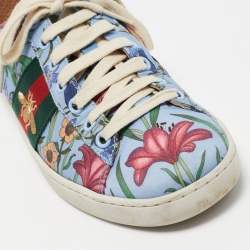 Gucci Blue Canvas and Leather  Flower Print  Ace Sneakers Size 37