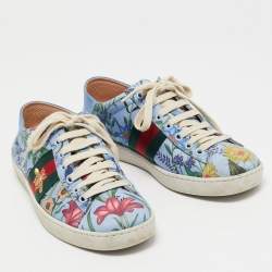 Gucci Blue Canvas and Leather  Flower Print  Ace Sneakers Size 37