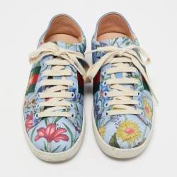 Gucci Blue Canvas and Leather  Flower Print  Ace Sneakers Size 37