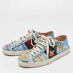 Gucci Blue Canvas and Leather  Flower Print  Ace Sneakers Size 37