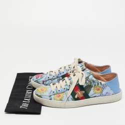 Gucci Blue Canvas and Leather  Flower Print  Ace Sneakers Size 37