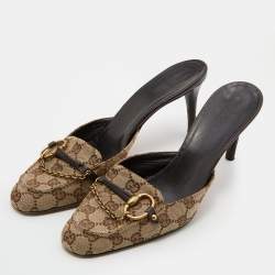 Gucci Beige/Brown GG Canvas and Leather Horsebit Mules Size 39